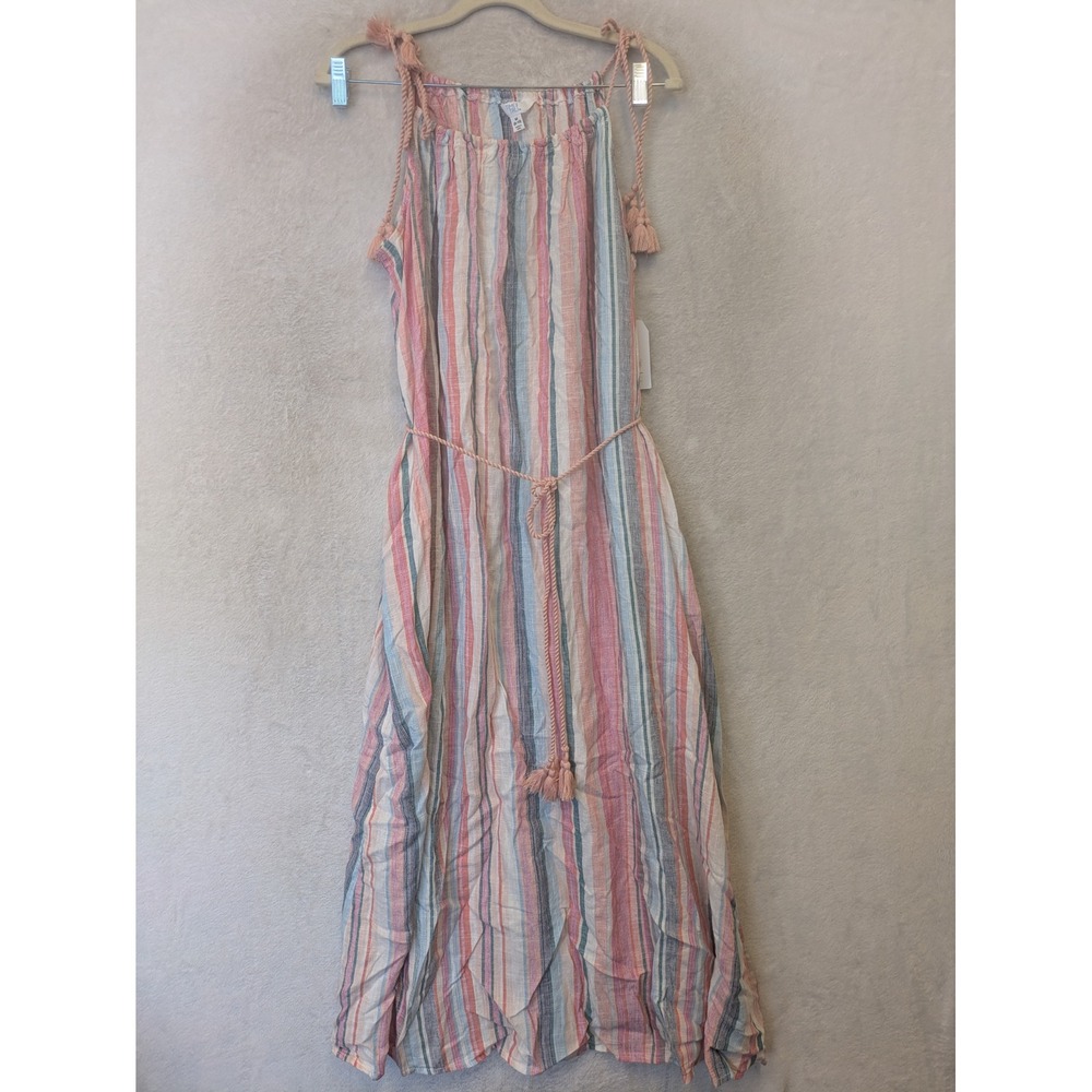 NEW Time and Tru Maxi Dress Women's M Coral Bell Stripe Linen Blend Boho Tassel